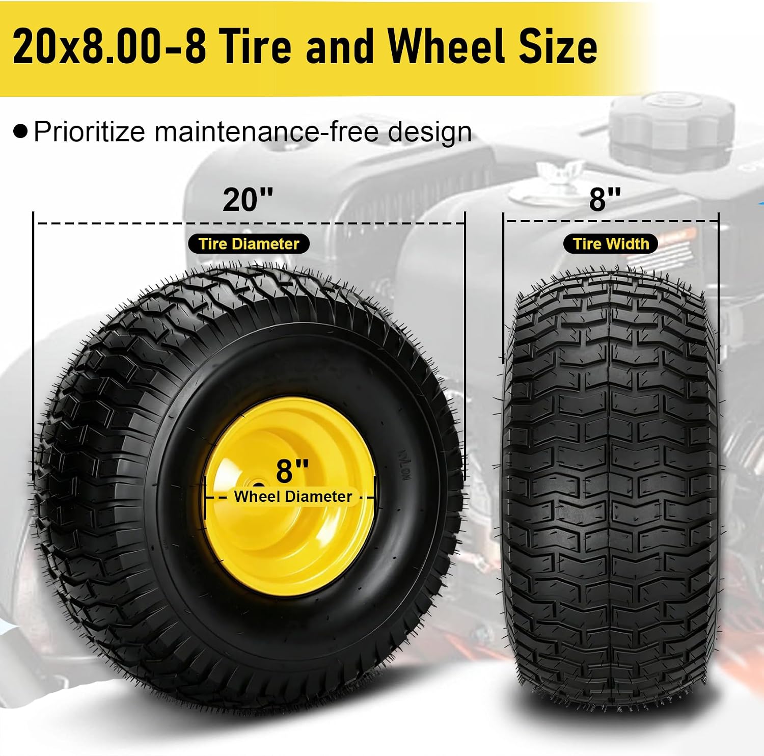 2Pcs 20x8.00-8 Lawn Mower Tires, Rear Tire and Wheel Assemblies for Riding Lawn Mowers, 4-Ply Tubeless Turf-Friendly Tires with 3/4' Borehole, 3.5' Offset Hub and 3/16' Keyway, 965LBS Load Capacity