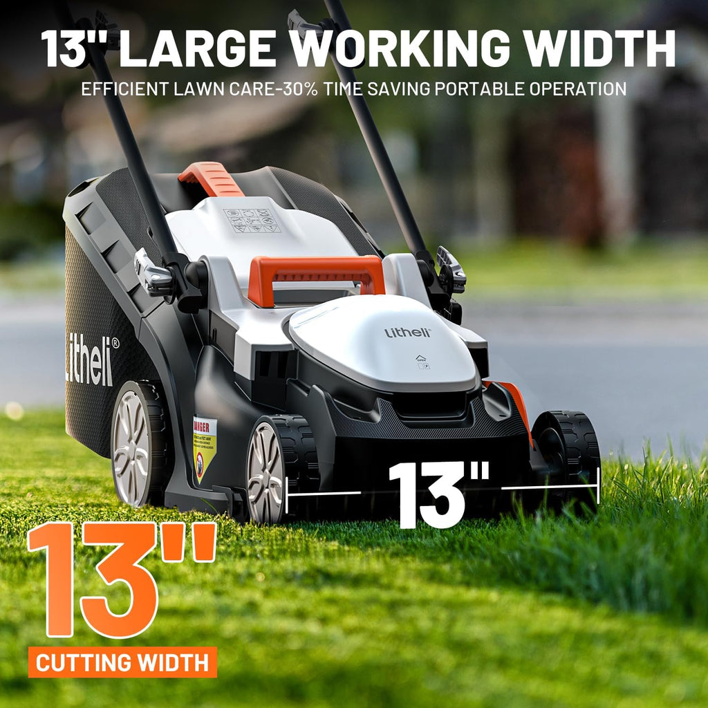 Litheli 13 Inch Electric Lawn Mower Cordless,Grass Cutter Machine for 2600 Sq.Ft. Lawnmower, 8 Gallon Capacity, Cutting Height from 1 to 2.5 in, Includes 2X4.0 Ah Battery.