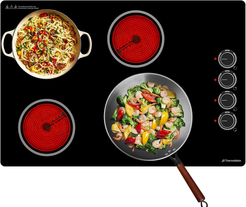 ThermoMate 30 Inch Electric Cooktop, 4 Burners Knob Control Built-in Ceramic Cooktop, 30' Radiant Electric Stove Top of 6700W with 9 Heat Levels, Hot Surface Indicator, 220-240v, Hard Wired