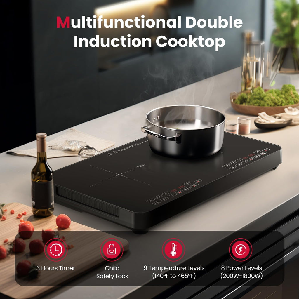 GASLAND SwiftChef Double Burner Induction Cooktop, 1800W Induction Countertop with 8 Power Levels, Dual Cooker with Sensor Touch Control, Child Safety Lock & Timer, ETL-certified for Tiny House
