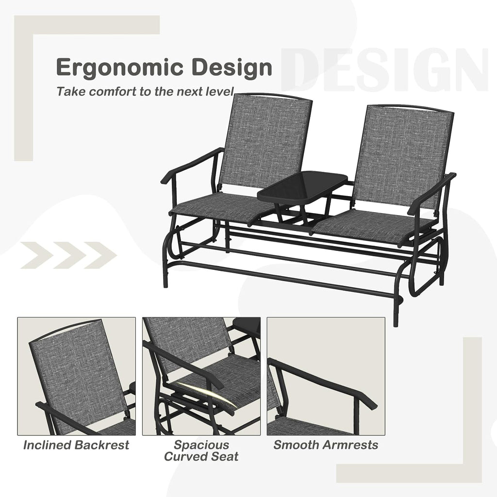 Tangkula 2 Person Swing Glider Chair, Patio Rocking Loveseat w/Center Tempered Glass Table, Outdoor Swing Bench w/Steel Frame & Breathable Mesh Fabric for Porch, Balcony, Poolside (Grey)