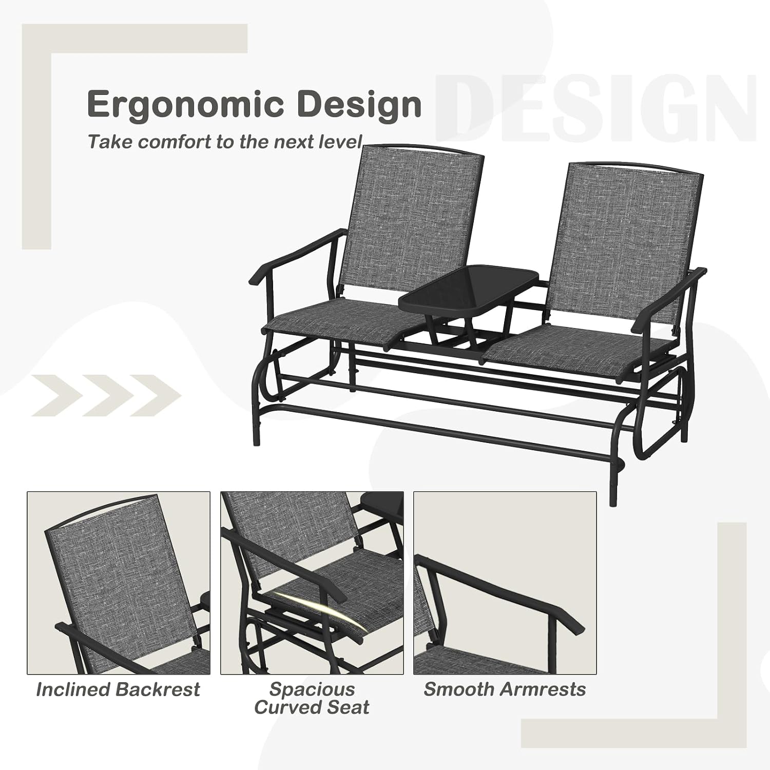 Tangkula 2 Person Swing Glider Chair, Patio Rocking Loveseat w/Center Tempered Glass Table, Outdoor Swing Bench w/Steel Frame & Breathable Mesh Fabric for Porch, Balcony, Poolside (Grey)