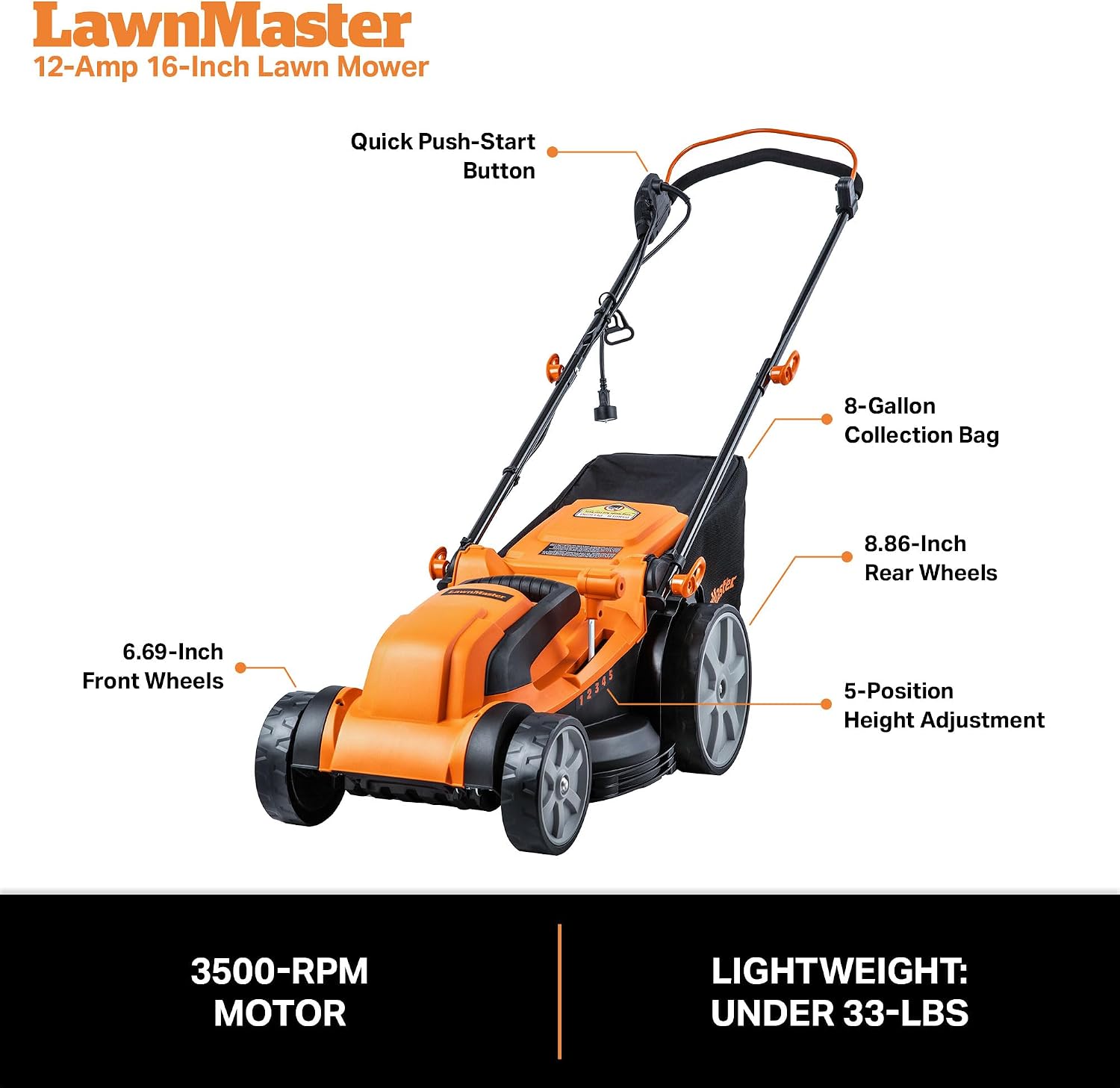LawnMaster MEB1216K Electric Lawn Mower 16-Inch 12AMP