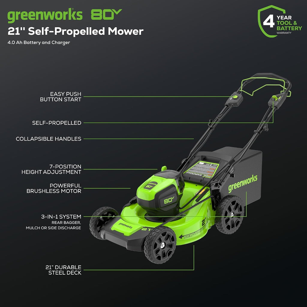 Greenworks 80V 21' Brushless (Self-Propelled) Cordless Electric Lawn Mower + (580 CFM) Axial Leaf Blower (75+ Compatible Tools), 4.0Ah Battery and 60 Minute Rapid Charger, Green and Black