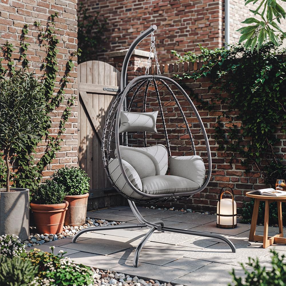 Kurapika Egg Swing Chair Indoor Outdoor Patio Wicker Rattan Hanging Egg Chair with Stand, Hammock Swing with Cushioned Headrest, 350LB Capacity for Bedroom, Balcony, Garden (Beige)