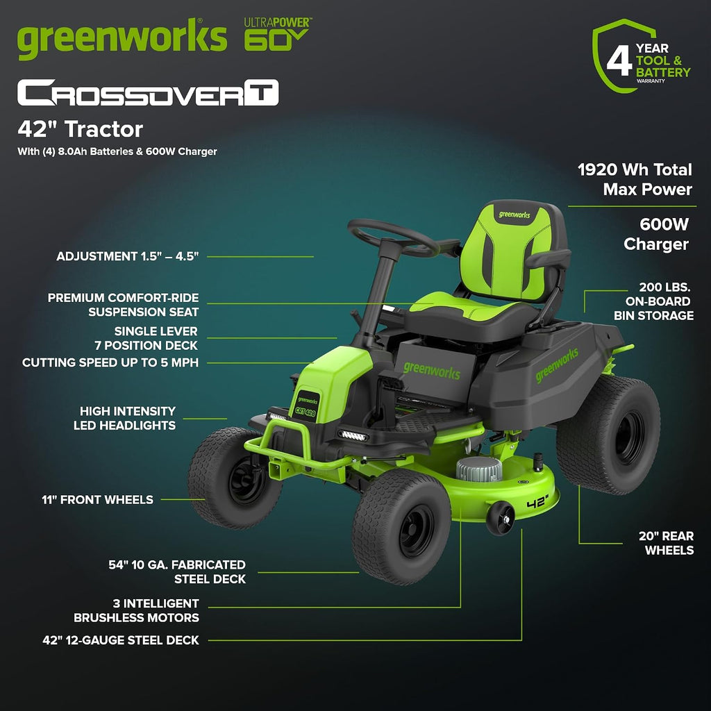 Greenworks 60V 42' CrossoverT Cordless Riding Lawn Tractor, (4) 8.0Ah Batteries and (600W) Plug in Charger