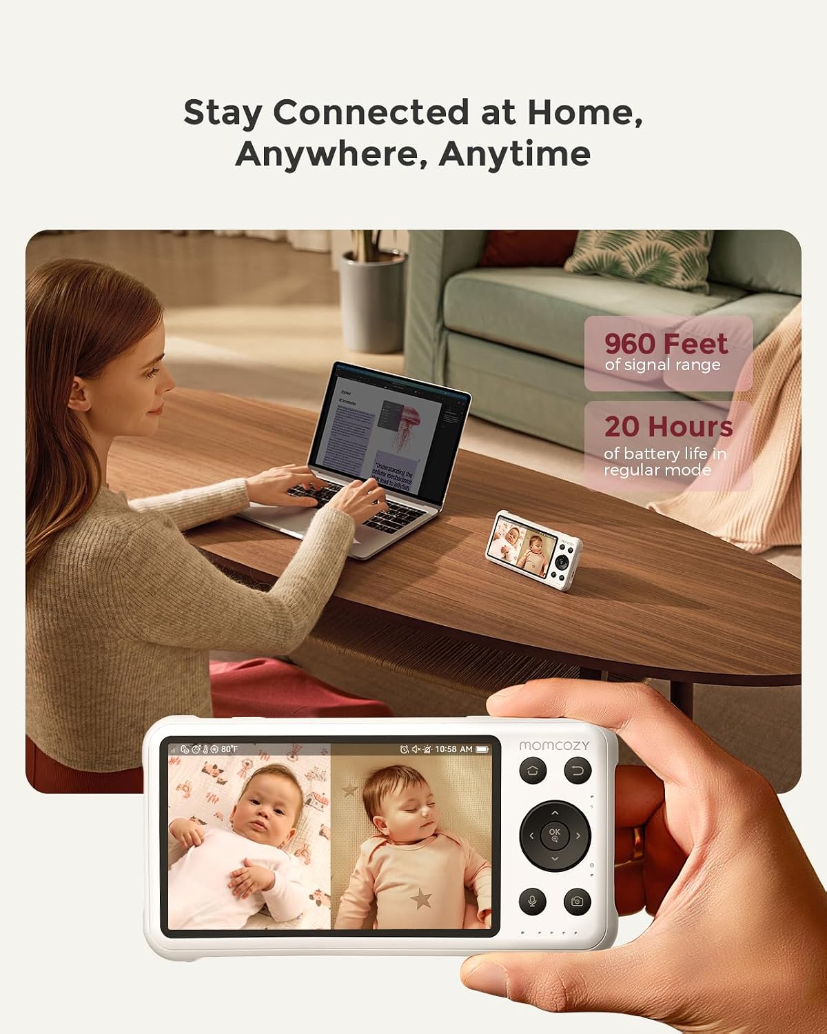 Momcozy BM04 Smart WiFi Baby Monitor with 2 Cameras, 5' 1080P Split Screen Video Baby Monitor with Camera and Audio, Motion Detection, Electric Fence, Clear Night Vision, 2-Way Audio, 5000mAh Battery