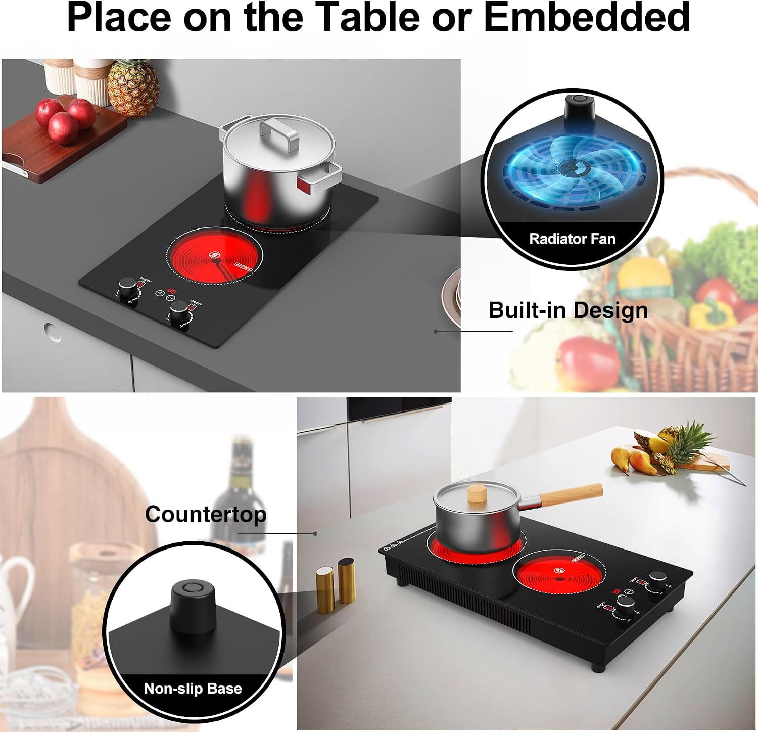 Electric Cooktop, 2 Burner Ceramic Cooktop 2400W 110V, Built-in or Countertop with Touch and Knob Control, 10 Power Levels, Child Lock, Timer, Hot Surface Indicator, Overheat Protection