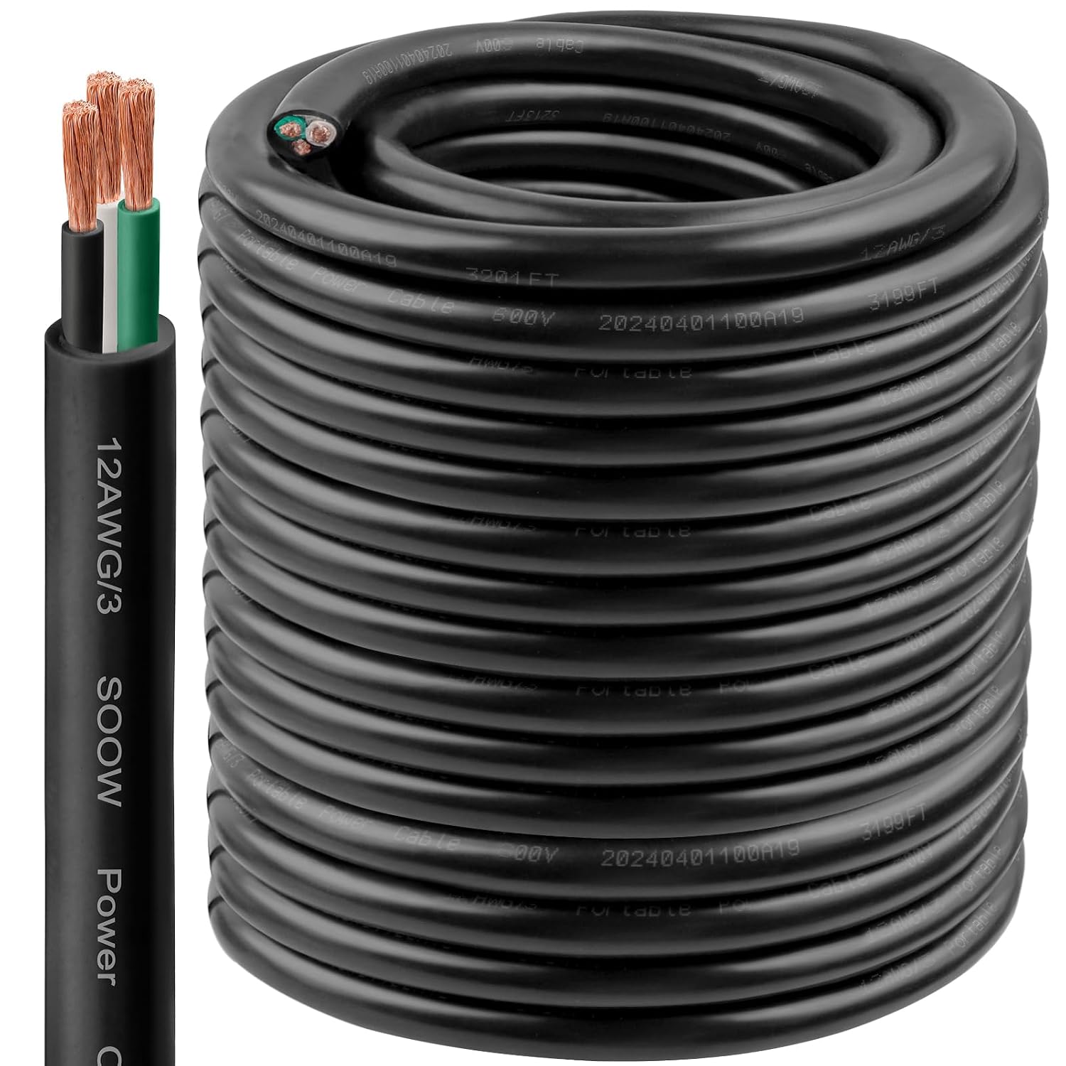 12/3 SOOW Wire 250FT, 12 AWG 600V SOOW Bulk Cable, 12 Gauge 3 Conductor Portable Power Cable, Extension Cord for Welder,Generator,Portable Light,Circuits,EV Car Charger,Motor Lead