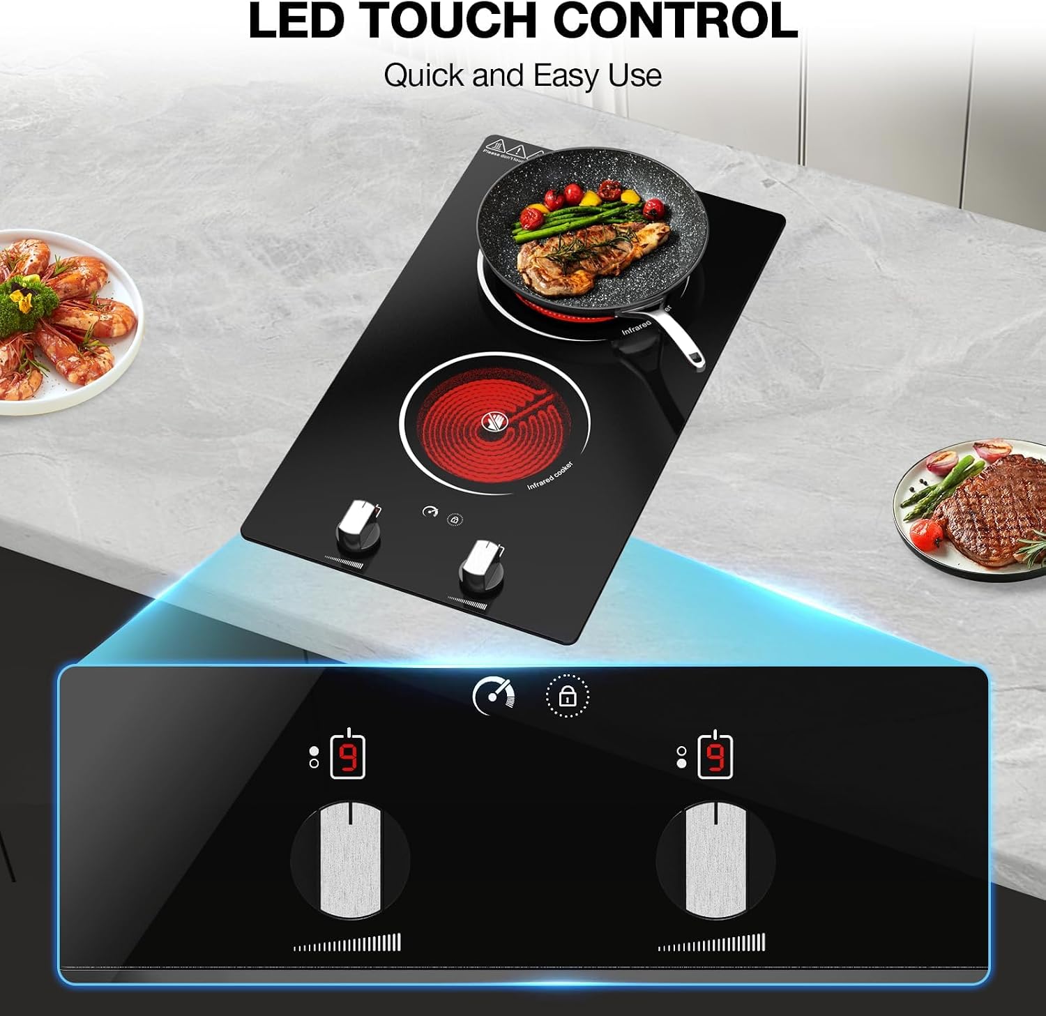 2 Burner Electric Cooktop - 12' Infrared Electric Stove Top with Knob Control, Countertop & Built-in, 2100W Ceramic Electric Hot Plate with 9 Power Levels, Child Lock, Timer, Residual Heat Warning