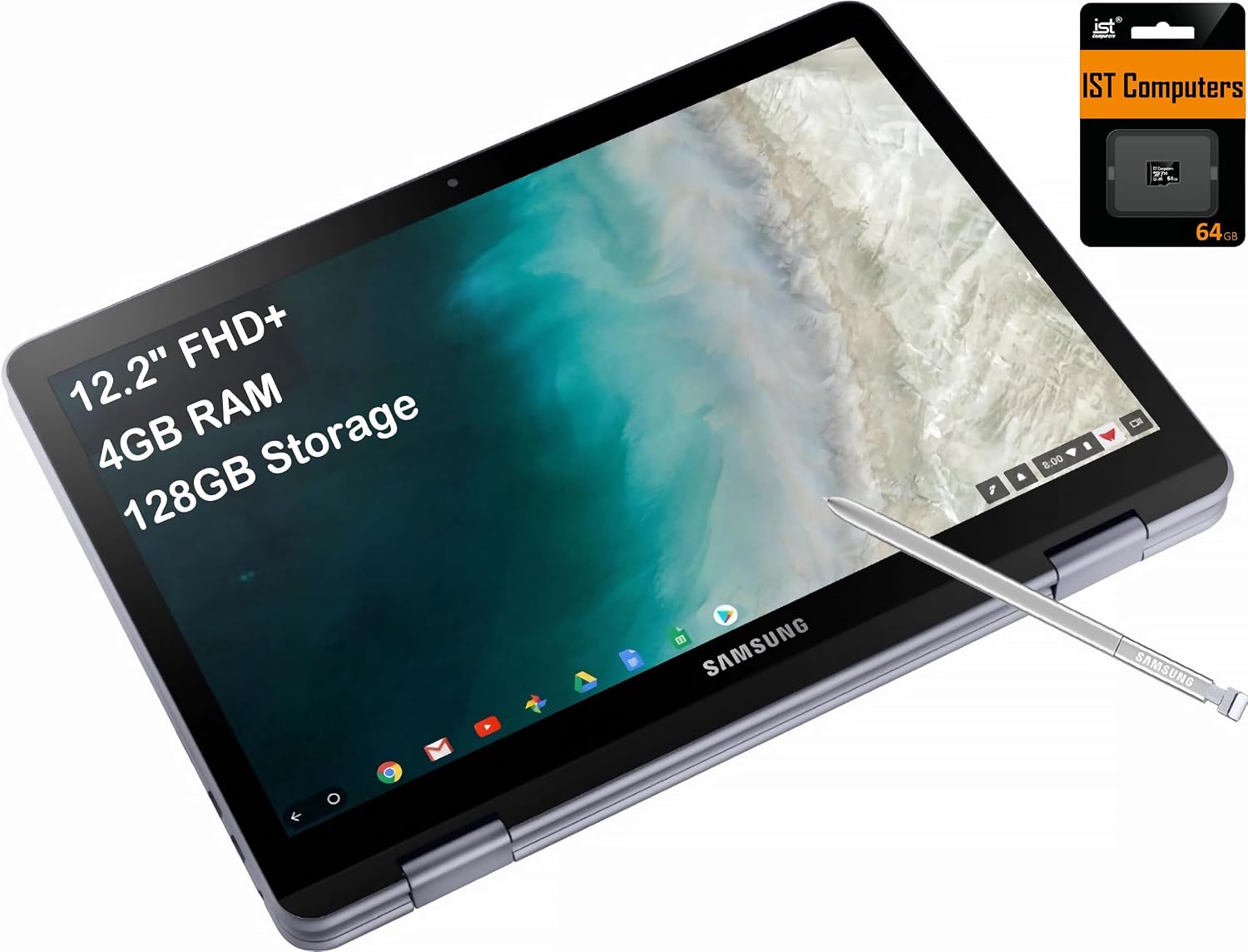 Samsung Chromebook Plus V2 360 2-in-1 Laptop w/Dual Webcam (12.2' FHD+ Touchscreen,Intel Celeron 3965Y, 4GB RAM, 128GB (64GB eMMC+64GB SD Card), Stylus Pen) Home & Education, IST SDCard, Chrome OS