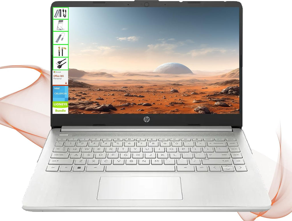 HP 14-Inch HD Laptop, Intel 4-Core CPU, 16GB RAM, 128GB SSD with Portable SSD, Microsoft Office, 1TB Cloud Storage, Webcam, Windows 11, LE Bundle