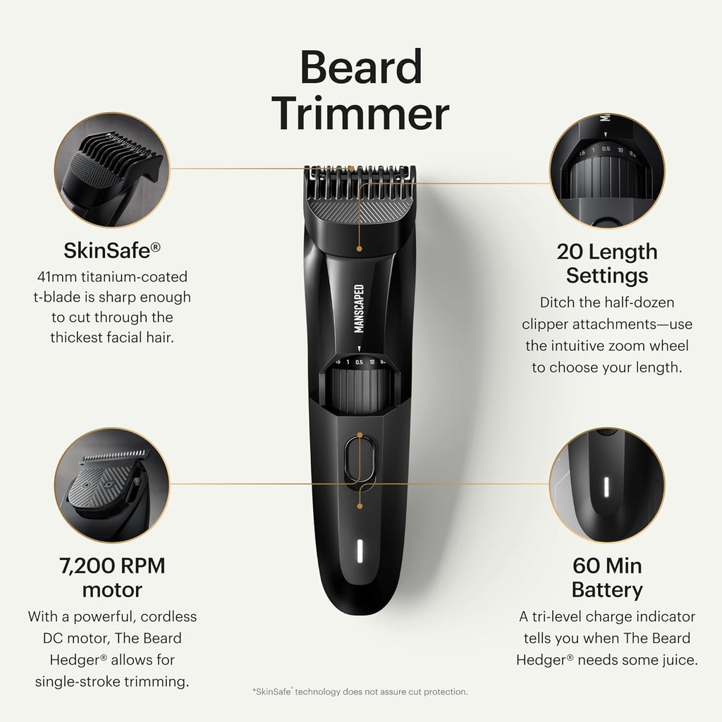MANSCAPED® Body, Beard & Face Bundle 5.0 - The Lawn Mower® 5.0 Ultra Groin & Body Hair Groomer, The Beard Hedger® Premium Trimmer, Weed Whacker® 2.0 Nose & Ear Hair Razor, The Shed Toiletry Bag