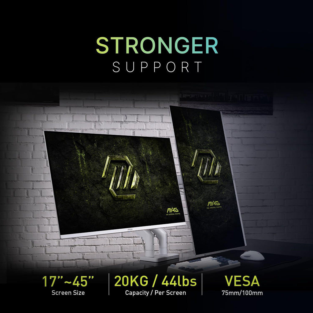MSI MAG MT201DW - Premium Heavy Duty Dual Monitor Stand Arms, 17-45' Support, VESA Compatible, Adjustable Spring Assisted Mount, 44 lbs per Screen, Clamp & Grommet, Quick Release Plate - White