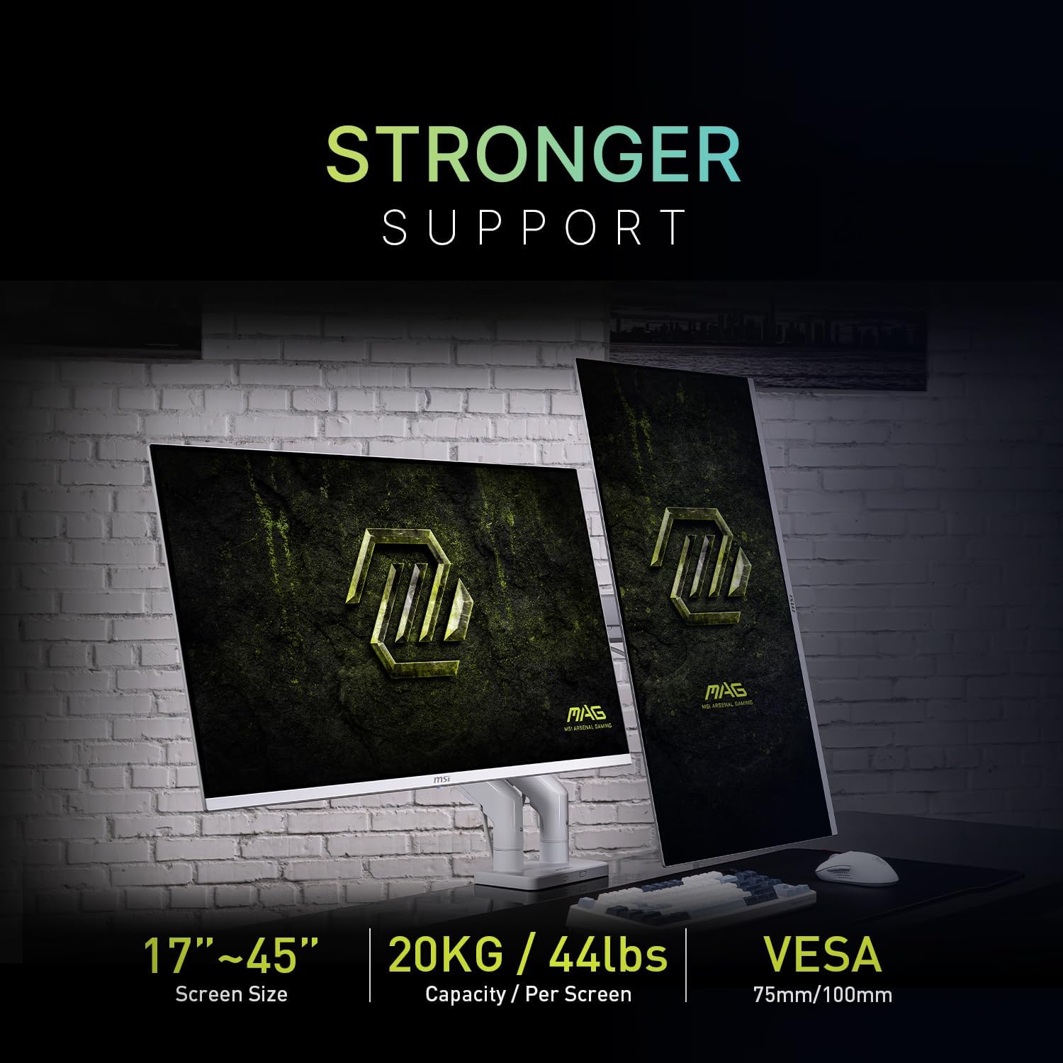 MSI MAG MT201DW - Premium Heavy Duty Dual Monitor Stand Arms, 17-45' Support, VESA Compatible, Adjustable Spring Assisted Mount, 44 lbs per Screen, Clamp & Grommet, Quick Release Plate - White