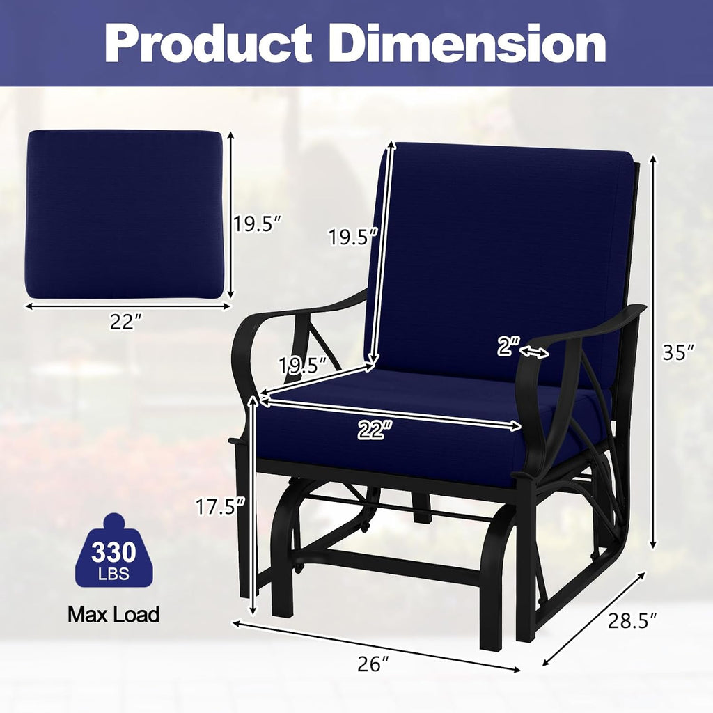 Tangkula Outdoor Patio Glider, Metal Framed Gliding Chair with Cushion, Ergonomic Single-Person Outdoor Patio Chair with Curved Armrest, Smooth Rocking Arms for Porch, Patio (2)