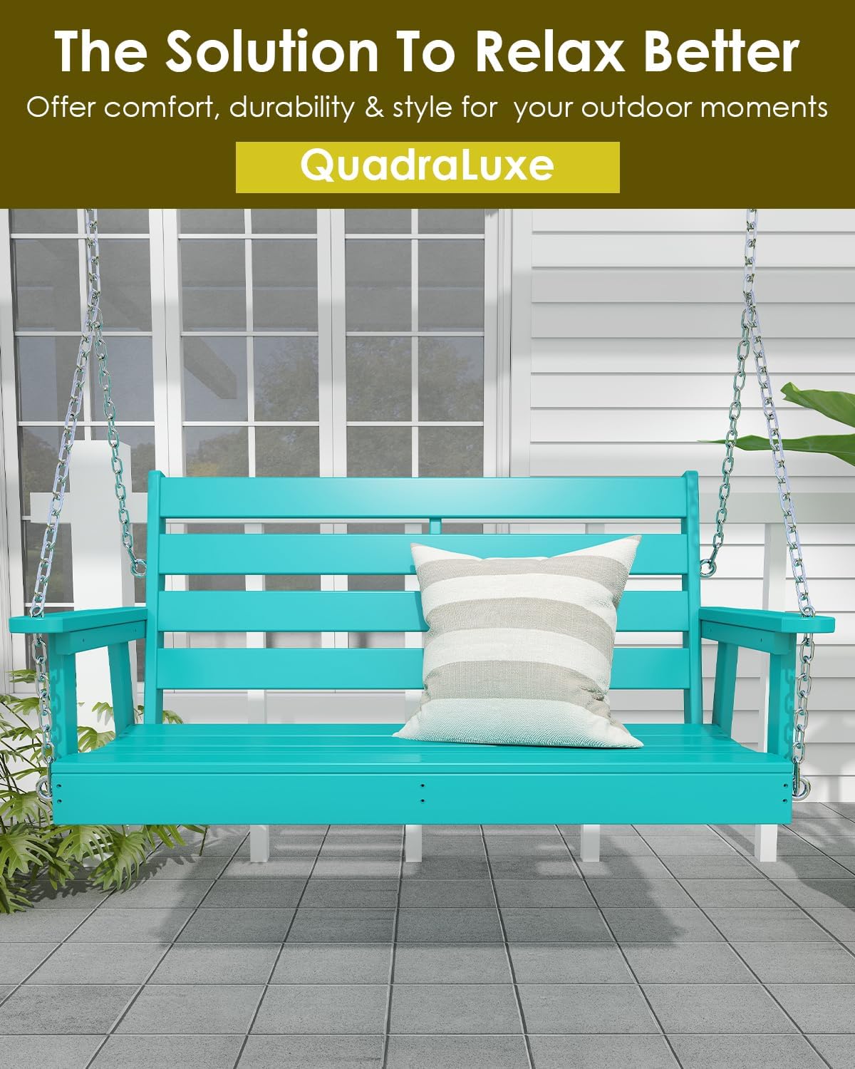 GREENVINES Porch Swing | 51'' | HDPE Plastic | for Outdoor Patio | All Weather | Waterproof Bench Swings | w/ 4 Stainless Steel Chains | Aqua