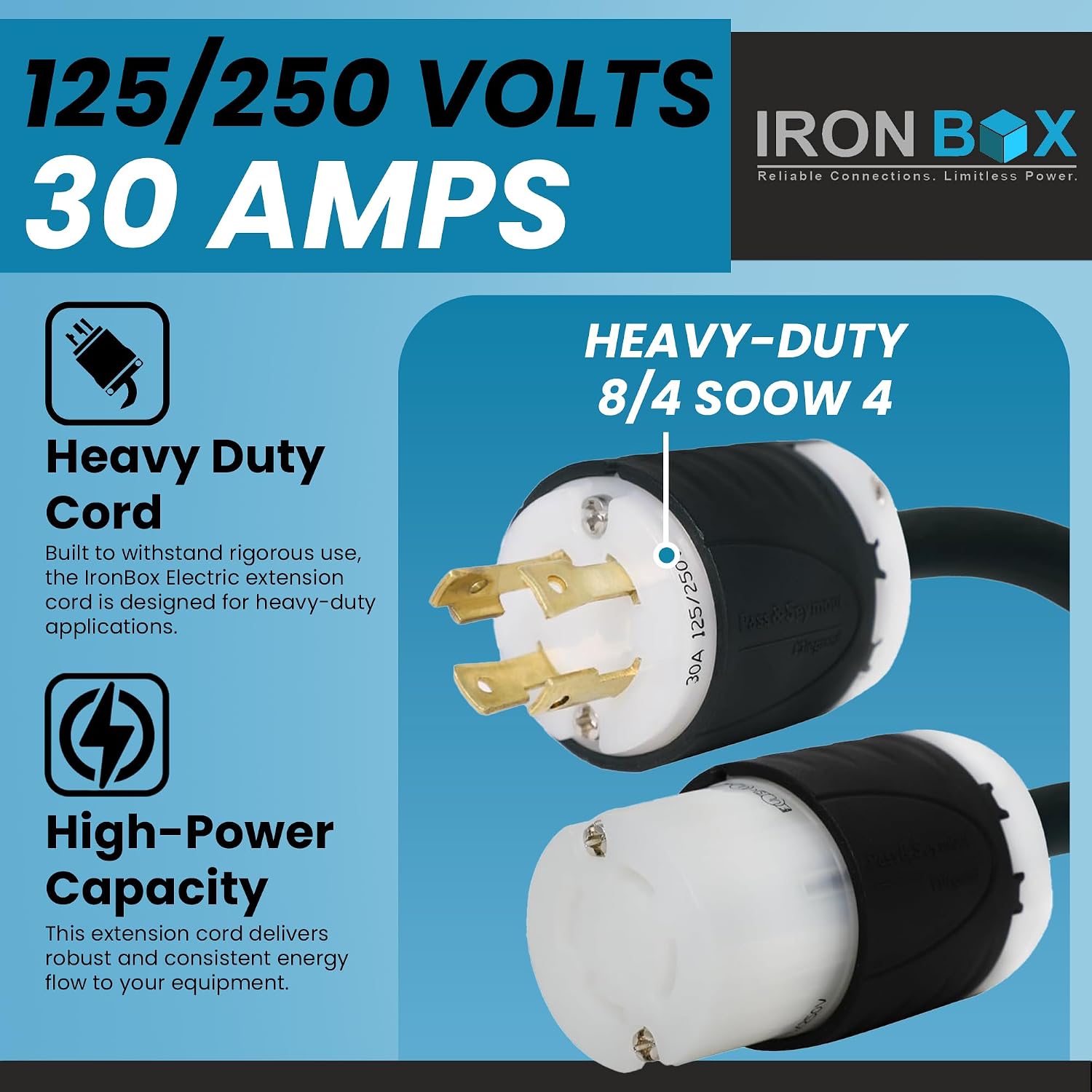 IronBox Electric - Heavy-Duty NEMA L14-30 Generator Extension Cord - L14-30P Plug to L14-30R Connector - Rated for 30 Amps 125/250V 8/4 SOOW 4 Prong Generator Cord - Power Cable for Generators(15 ft)