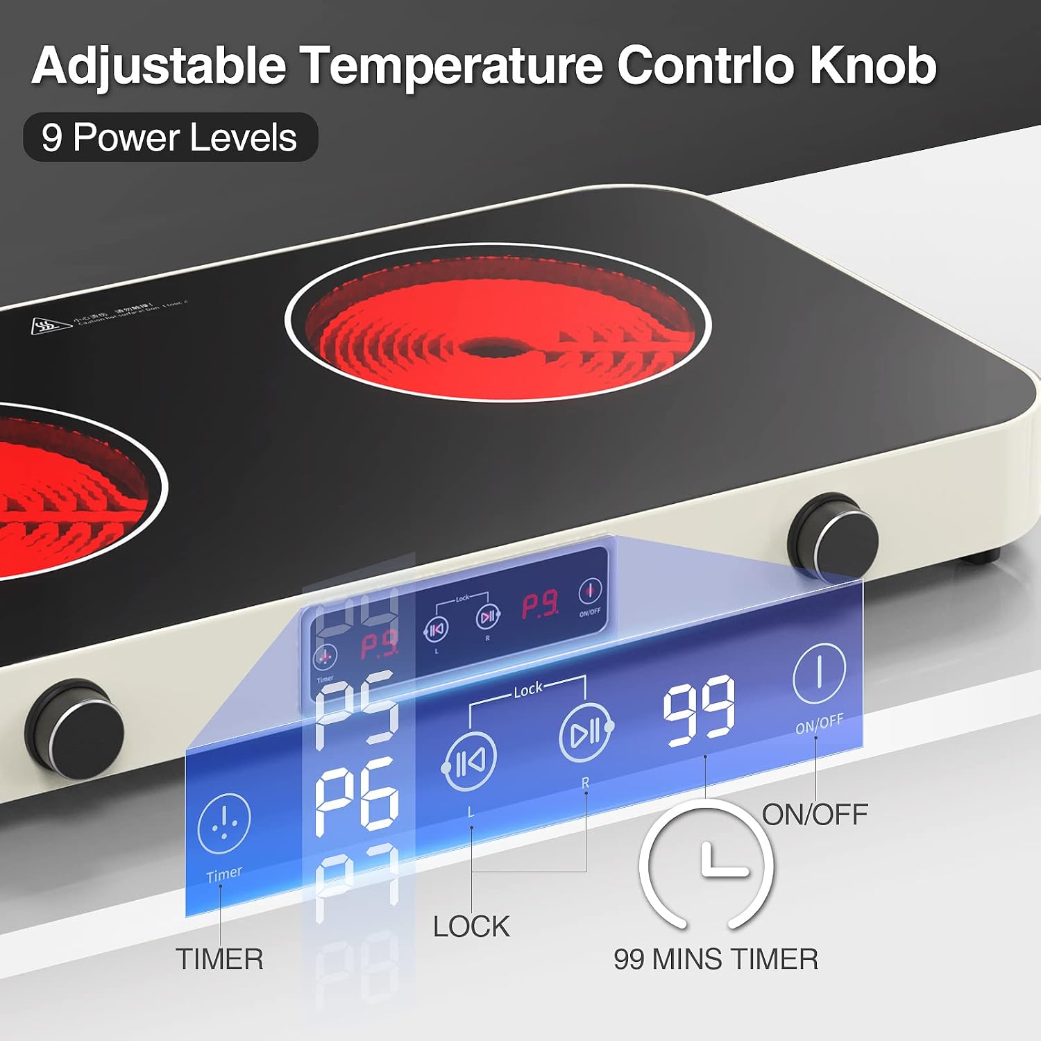 ANHANE 2200W Double Electric Cooktop: 12 Inch Portable Ceramic Infrared Hot Plate with 9 Power Levels & Timer - 110V/120V Countertop Burner with Reliable Knob Control, Works with All Cookware