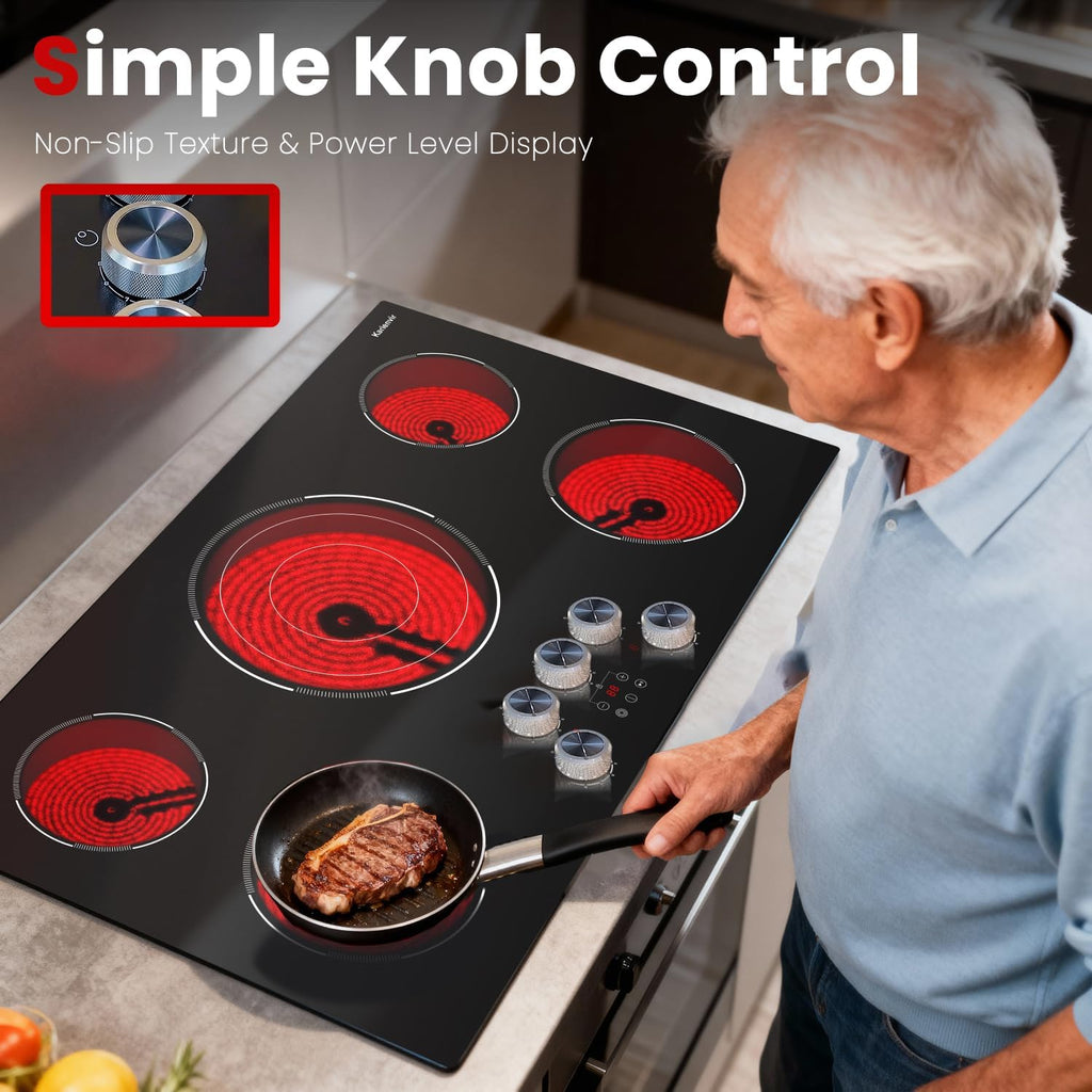 Electric Cooktop 36 Inch Karienvir, 5 Burner 9200W Electric Stove Top with Dual-Ring & Triple-Ring Burners, 220V-240V Hardwired Cooktop, 36' Cook top With Knob Control 9 Level Power, Timer, Lock