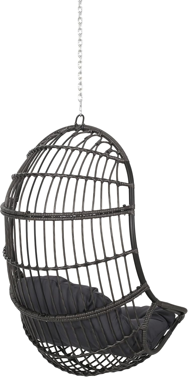 Wicker Egg Chair, Hanging Chair with 8FT Chain, Wicker Lounge Chair with Water Resistant Cushion, Indoor Outdoor Lounger for Patio, Backyard, Living Room, Only Chair (Gray-No Stand)