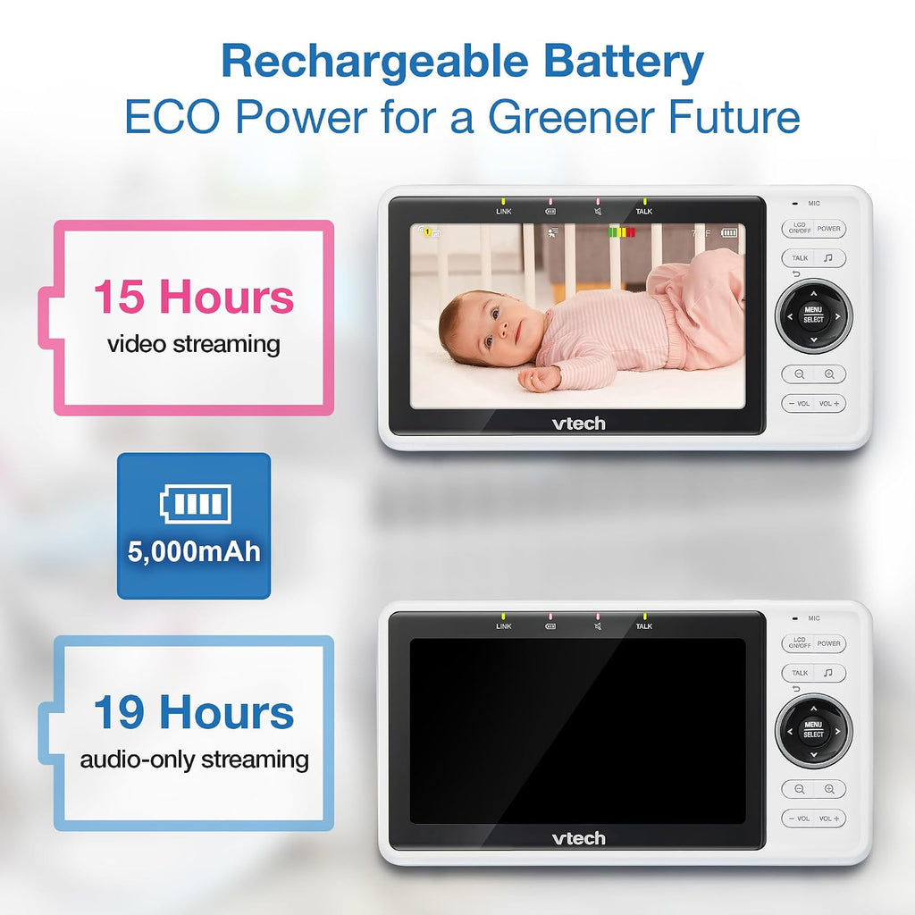 VTech 2-Cameras Smart WiFi Baby Monitor with 1080p FHD Camera and 5' HD IPS Screen, Free App with Motion Video, Sound/Motion Detection and Notifications, Split-Screen, Pan-Tilt-Zoom: VM901-2HD