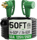 POWGRN NEMA 14-50P to NEMA 14-50R 50 Amp RV/EV Extension Cord 50 FT Outdoor with Grip Handle, Flexible Heavy Duty RV Power Cord Waterproof, 50A 125/250V 6250/12500W STW, Black-Green, ETL Listed