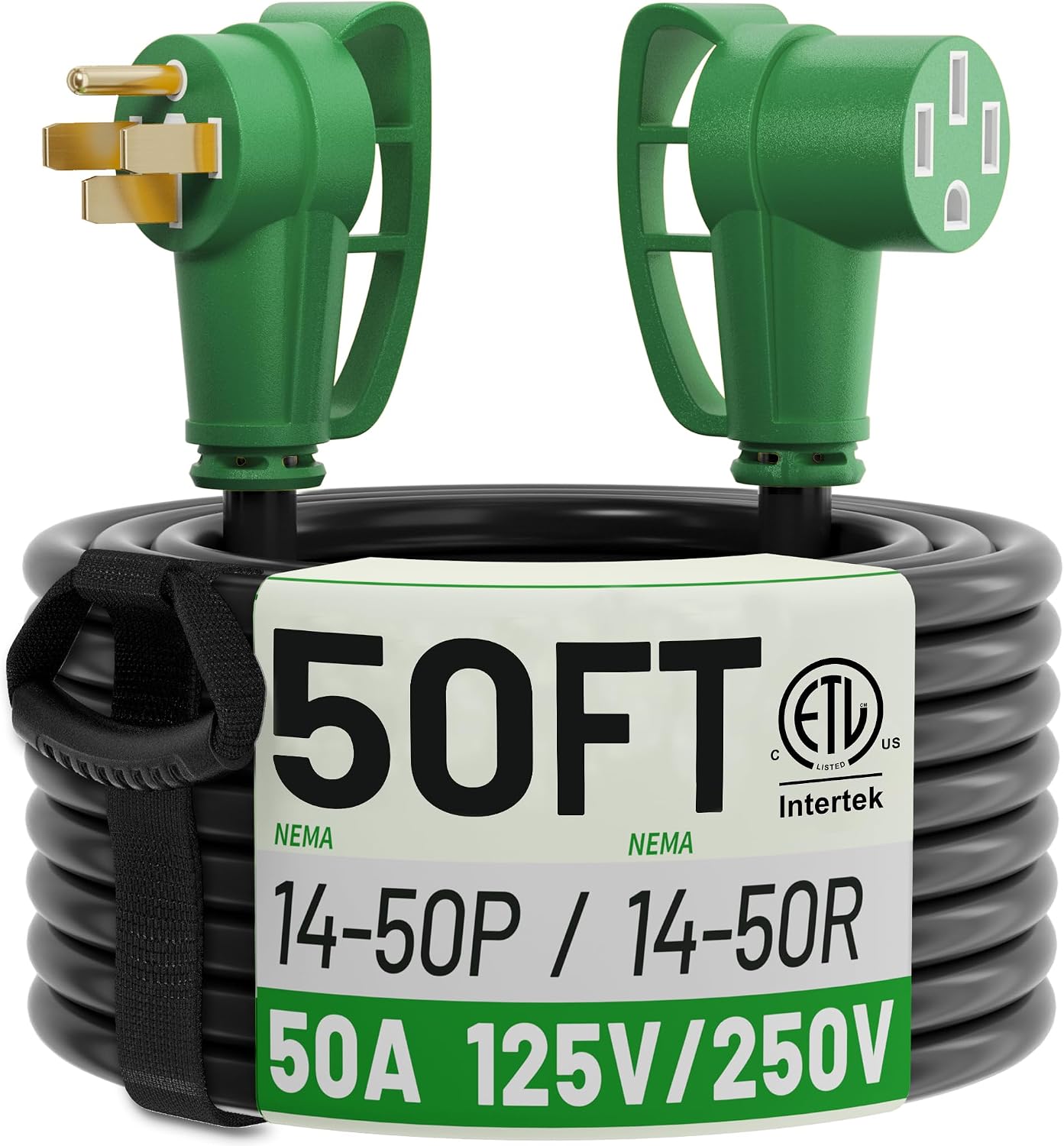POWGRN NEMA 14-50P to NEMA 14-50R 50 Amp RV/EV Extension Cord 50 FT Outdoor with Grip Handle, Flexible Heavy Duty RV Power Cord Waterproof, 50A 125/250V 6250/12500W STW, Black-Green, ETL Listed