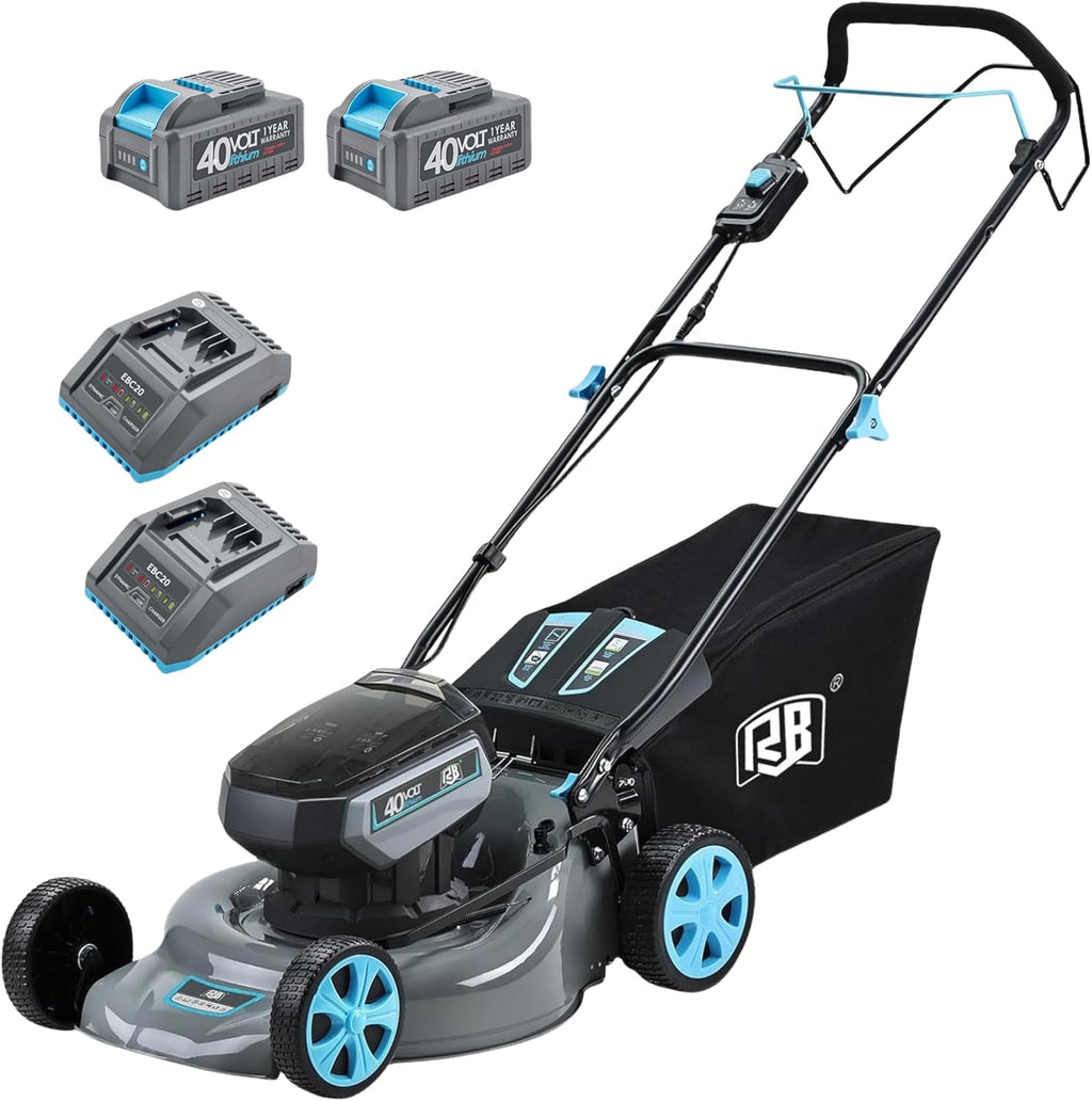 RB 80V Battery Power Lawn Mower 18' Cordless 7 Cutting Heights Adjustable Lawnmower Brushless Motor Low Noise 4 in 1 Push Mower with Fast Charger and 2 x40V 4.0AH Battery