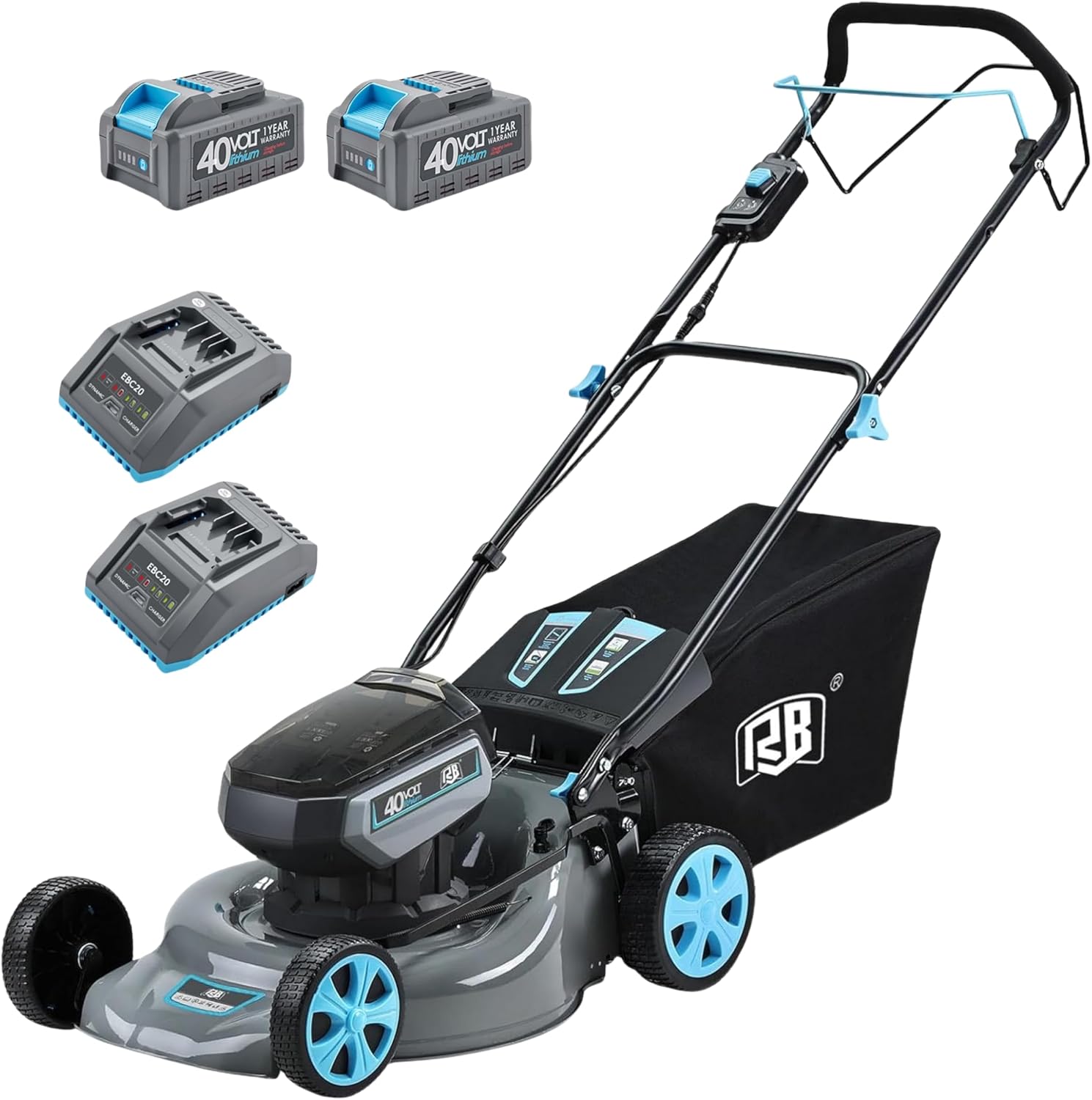 RB 80V Battery Power Lawn Mower 18' Cordless 7 Cutting Heights Adjustable Lawnmower Brushless Motor Low Noise 4 in 1 Push Mower with Fast Charger and 2 x40V 4.0AH Battery