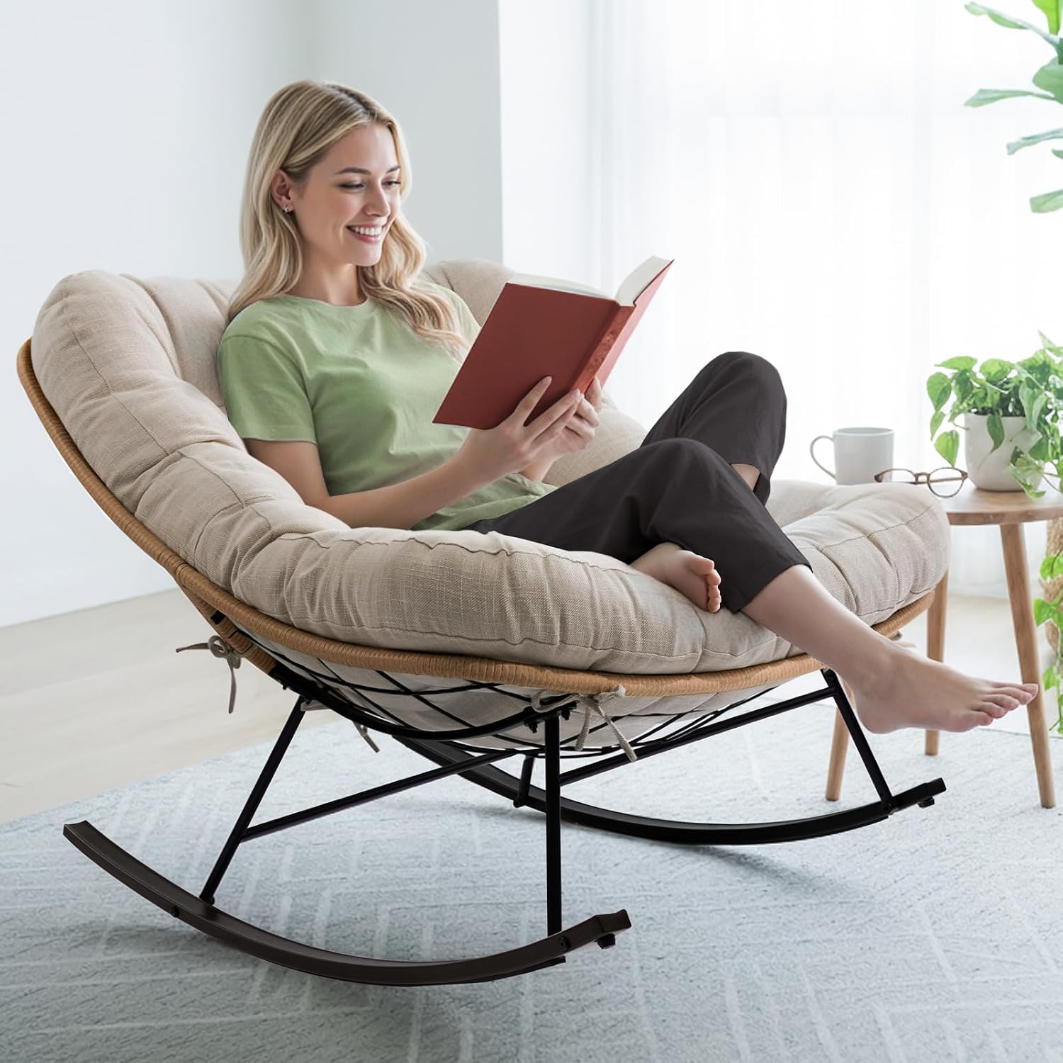 Bme Patio Rocking Chair Outdoor & Indoor, Metal Patio Lounge Rocking Chair with Thick Cushion, Comfy Modern Rocker Chair for Living Room, Porch, Backyard, Beige Cushion - Black Matte Rocker