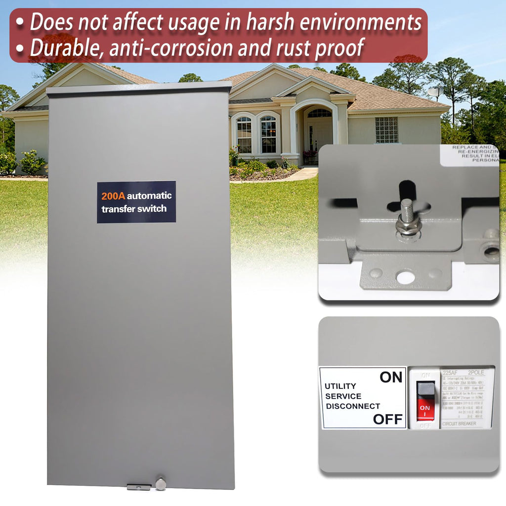 200 Amp Single Phase Generator Automatic Transfer Switch w/Power Management Replacement for Generac RXSW200A3 for Indoor and Outdoor Use, 120/240 V, Service Entrance Rated, NEMA 3R Aluminum Enclosure