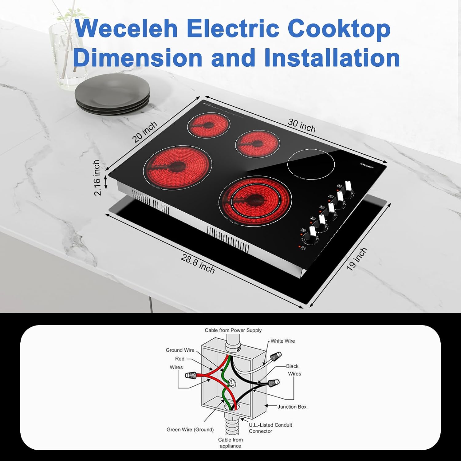 30 Inch Electric Cooktop, 5 Burners Built-in Cooktop, 7300W Knob Control Electric Stove Top with 11 Power Levels, Safety Lock, Dual Ring, Heat Retention Function, Hot Surface Indicator