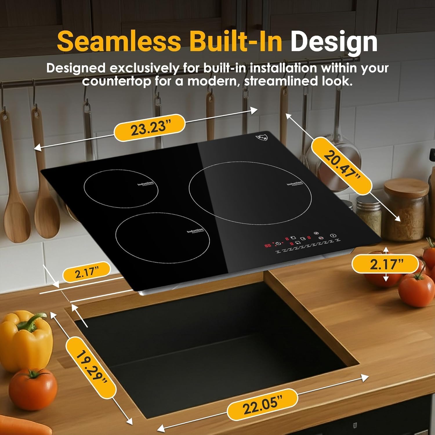 K&H 3 Burner Induction Cooktop - 24 Inch Built-In Electric Cermic Stove Top - 9 Heating Levels, 240V, 6000W High-Power Built-in Electric Stove Top - Child Lock, Timer & Touch Control - IN24-6803TB