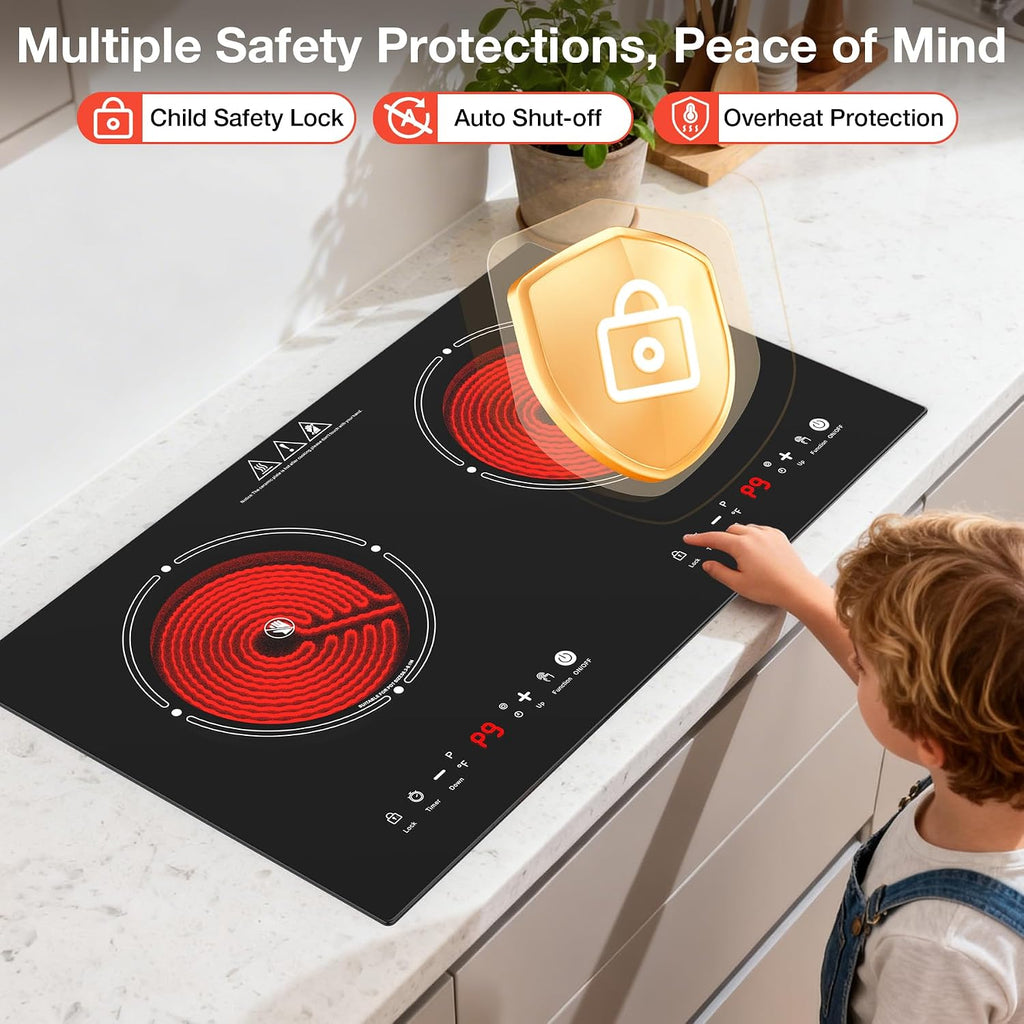 2 Burner Electric Cooktop 110V, 4000W Electric Ceramic Glass Stove Infrared Hot Plate for Cooking, 24 inch Portable Countertop & Built-in Burner, Child Lock, Timer, Touch Control, for Home Dorm Office