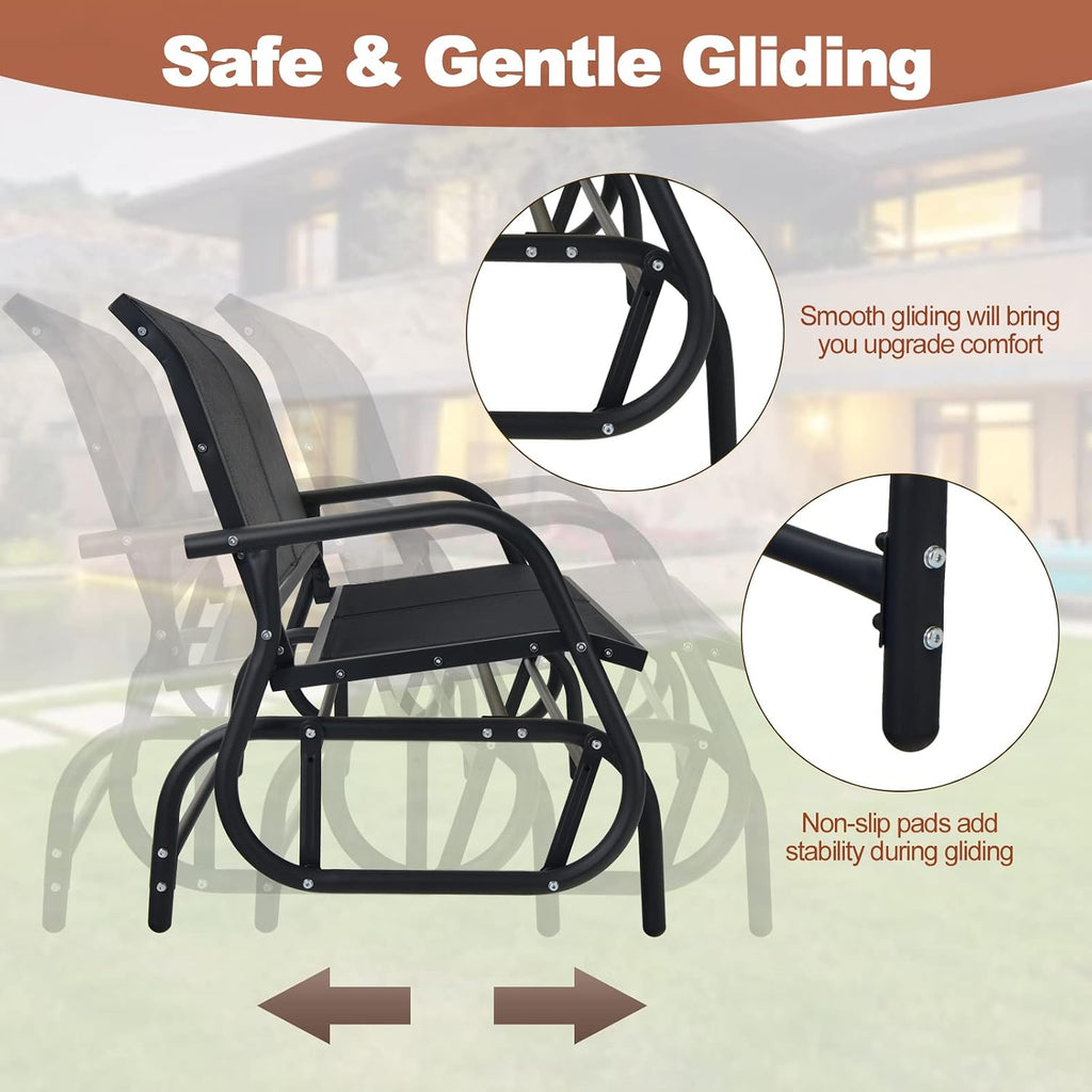 Tangkula 2 Person Patio Glider, Outdoor Swing Bench Rocker Glider Loveseat Chair with Heavy-Duty Steel Frame, Breathable Seat Fabric, Rocking Lounge Chair for Poolside, Garden, Backyard, Porch (Black)