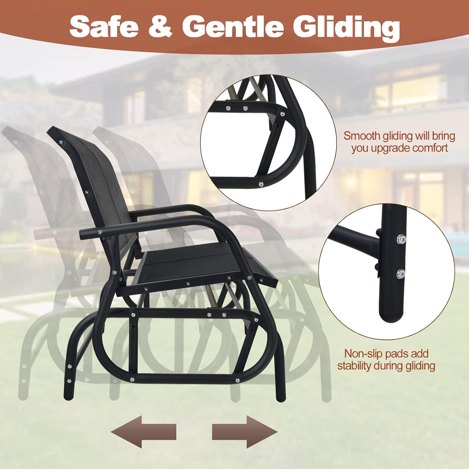 Tangkula 2 Person Patio Glider, Outdoor Swing Bench Rocker Glider Loveseat Chair with Heavy-Duty Steel Frame, Breathable Seat Fabric, Rocking Lounge Chair for Poolside, Garden, Backyard, Porch (Black)