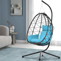 Hanging Egg Chair with Stand, Black Wicker Rattan Swing Egg Chair, Indoor Outdoor Swing Chair for Patio Balcony Porch Bedroom, 350 LBS Capacity (Light Blue)
