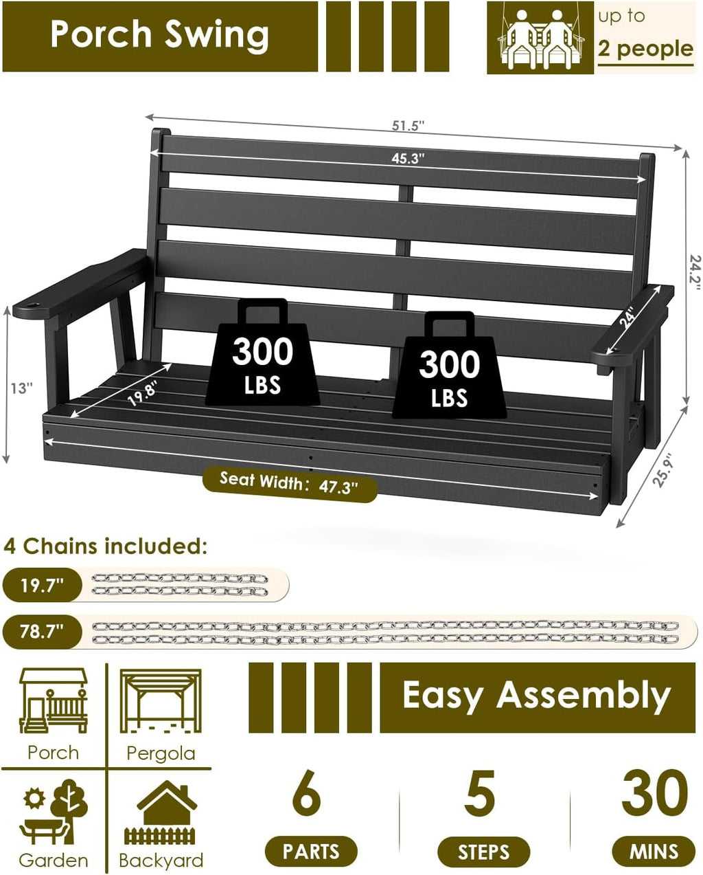 GREENVINES Porch Swing | 51'' | HDPE Plastic | for Outdoor Patio | All Weather | Waterproof Bench Swings | w/ 4 Stainless Steel Chains | Black