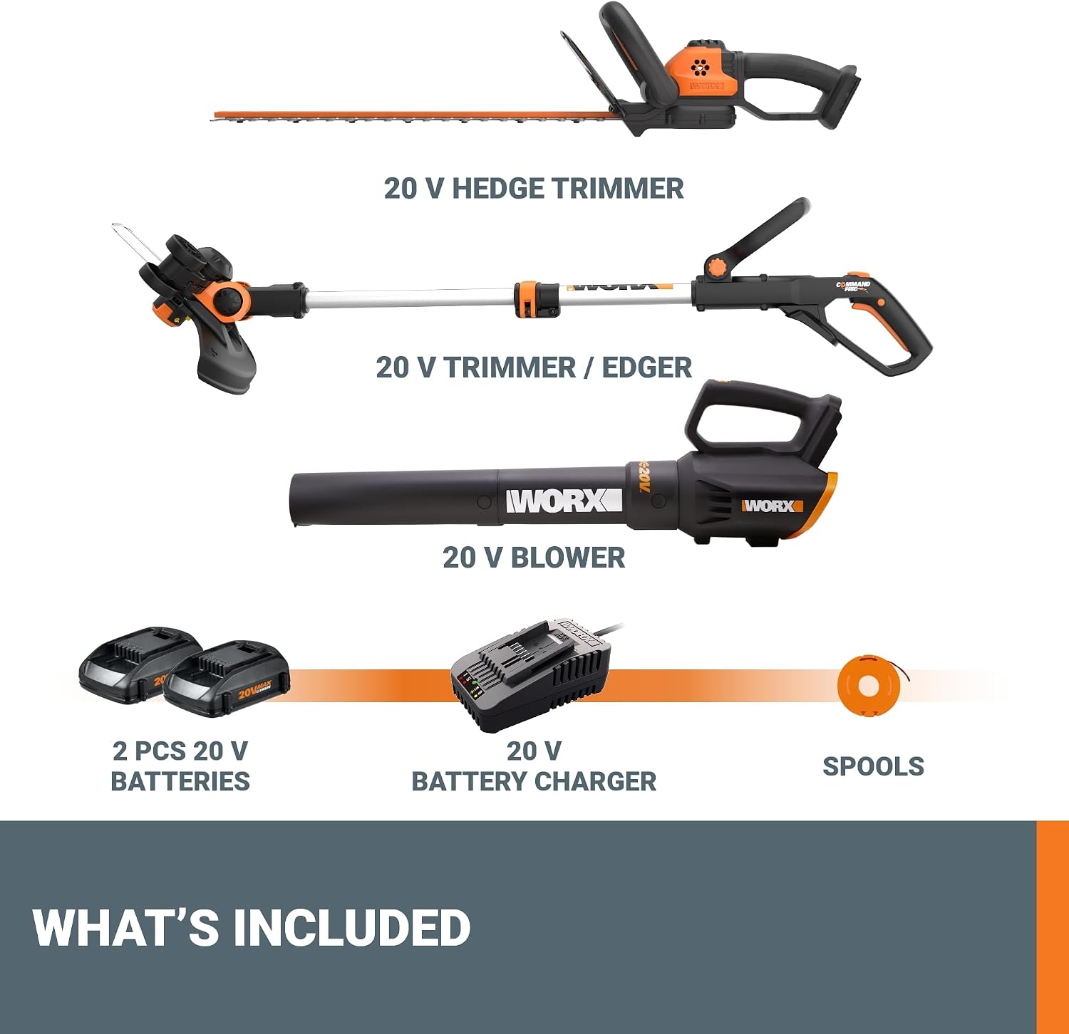 WORX 20V 12'' Cordless String Trimmer, 360 CFM Leaf Blower & 22'' Hedge Trimmer Combo, 2 Batteries & Charger Included, WG931