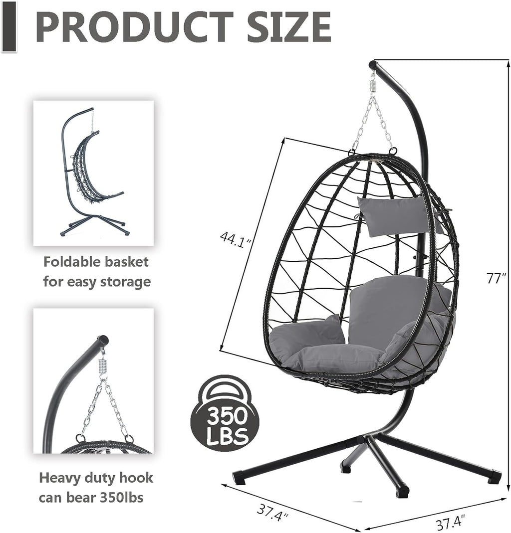 Hanging Egg Chair with Stand, Black Wicker Rattan Swing Egg Chair, Indoor Outdoor Swing Chair for Patio Balcony Porch Bedroom, 350 LBS Capacity (Dark Gray)