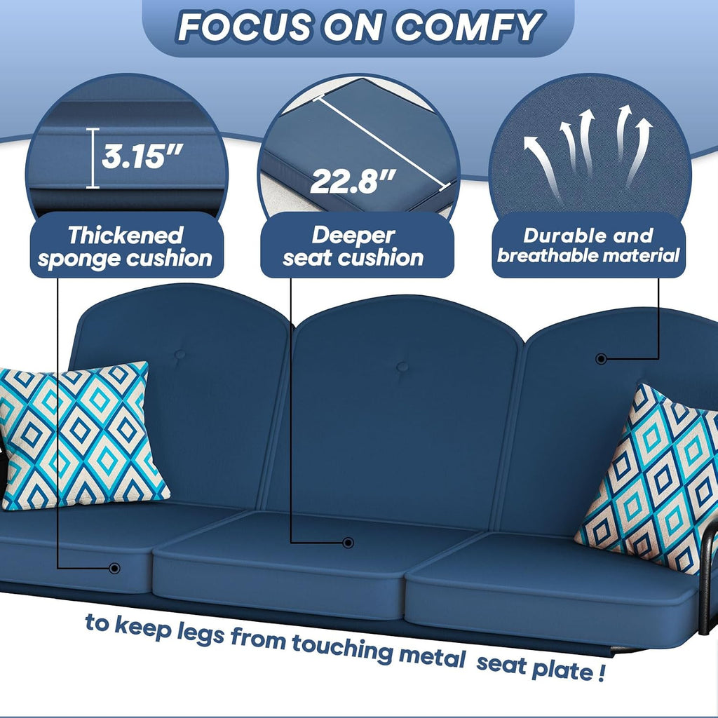 ZZW 3 Seat Outdoor Porch Patio Swing with Stand 800lbs 2-in-1 Convertible Swing Bed with Adjustable Canopy & Removable Cushion for Yard Garden Deck (Blue, Square Tube)