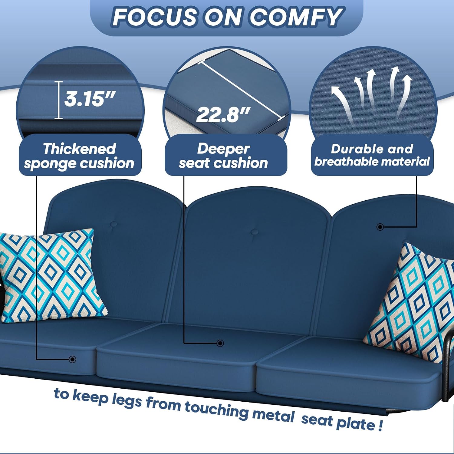 ZZW 3 Seat Outdoor Porch Patio Swing with Stand 800lbs 2-in-1 Convertible Swing Bed with Adjustable Canopy & Removable Cushion for Yard Garden Deck (Blue, Square Tube)