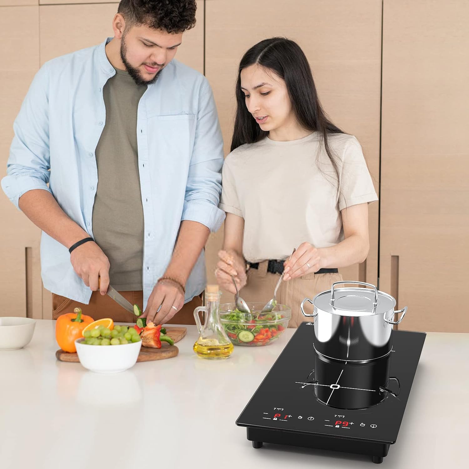 VBGK Double Induction Cooktop, 2300W 110V Portable Induction Cooktop with LED Touch Screen 9 Levels Settings,Electric cooktop with Child Safety Lock & Timer 2 burner