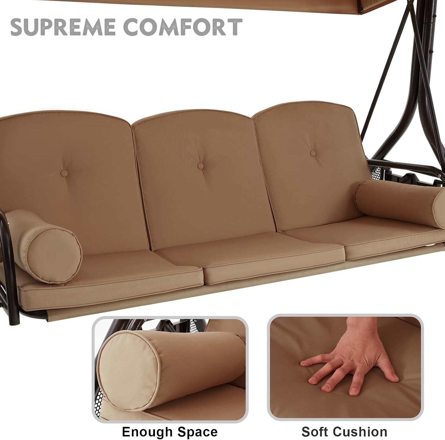 HOMREST 3 Seat Outdoor Porch Swing with Adjustable Canopy, Convertible Patio Swing Bed with Stand, Patio Glider Swing with Upgraded Cup Holder, Thicken Cushions ＆ Pillow for Backyard(Brown)