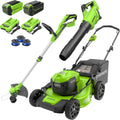 Greenworks 40V 20' Cordless Lawn Mower (Push), Axial Leaf Blower (500 CFM / 120 MPH),12' String Trimmer with 2 Batteries(5Ah+2Ah) and Chargers