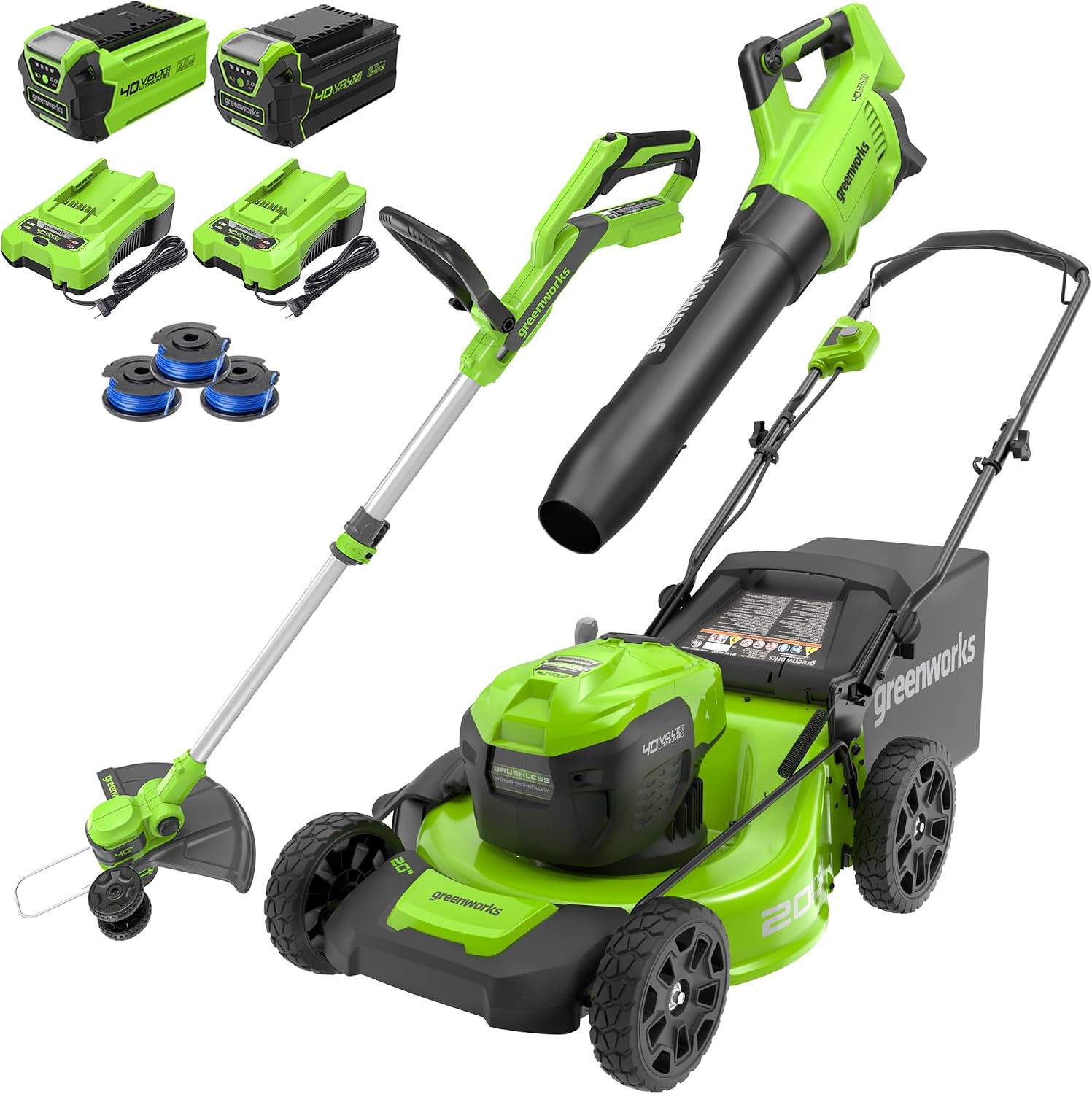 Greenworks 40V 20' Cordless Lawn Mower (Push), Axial Leaf Blower (500 CFM / 120 MPH),12' String Trimmer with 2 Batteries(5Ah+2Ah) and Chargers