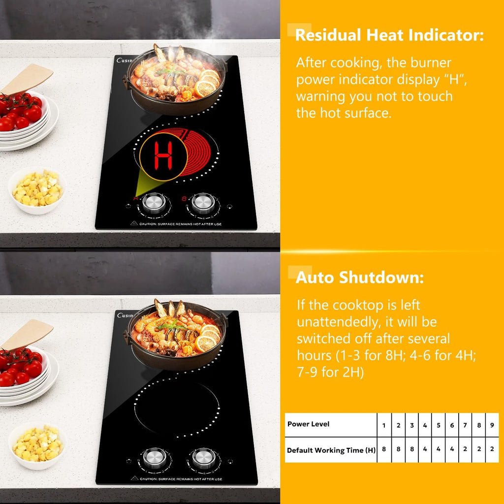 Portable Electric Cooktop 2 Burner 110V Plug in, 12 Inch 2000W Electric Stove Top with Knob Control, Countertop or Built-in Ceramic Hot Plate, for RV Dorm Apartment Kitchen Cooking