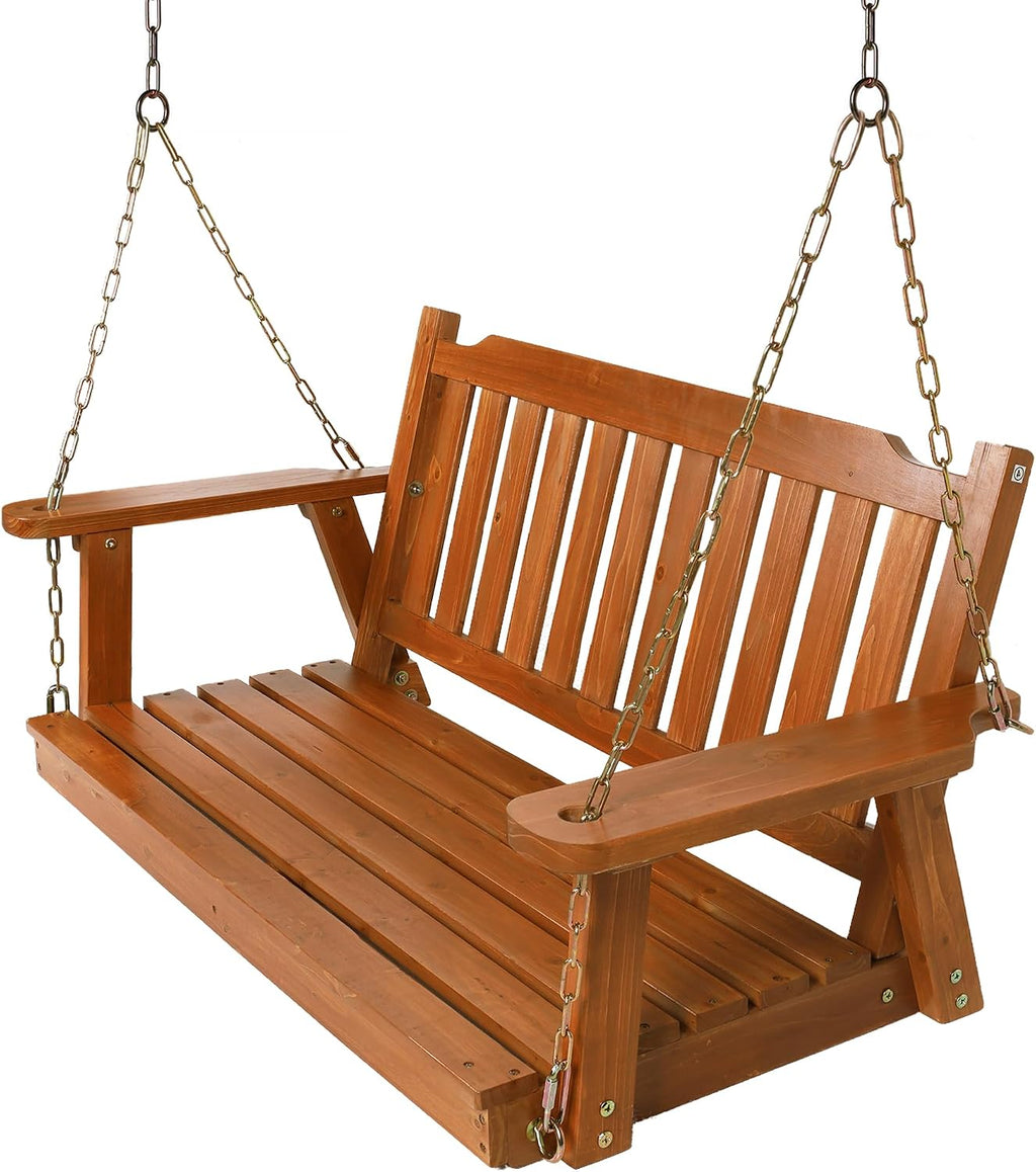 Anraja Wooden Porch Swing 2-Seater Bench Swing with Hanging Chains Heavy Duty 800 LBS for Outdoor Patio Garden Yard, Large 4 Ft, Brown