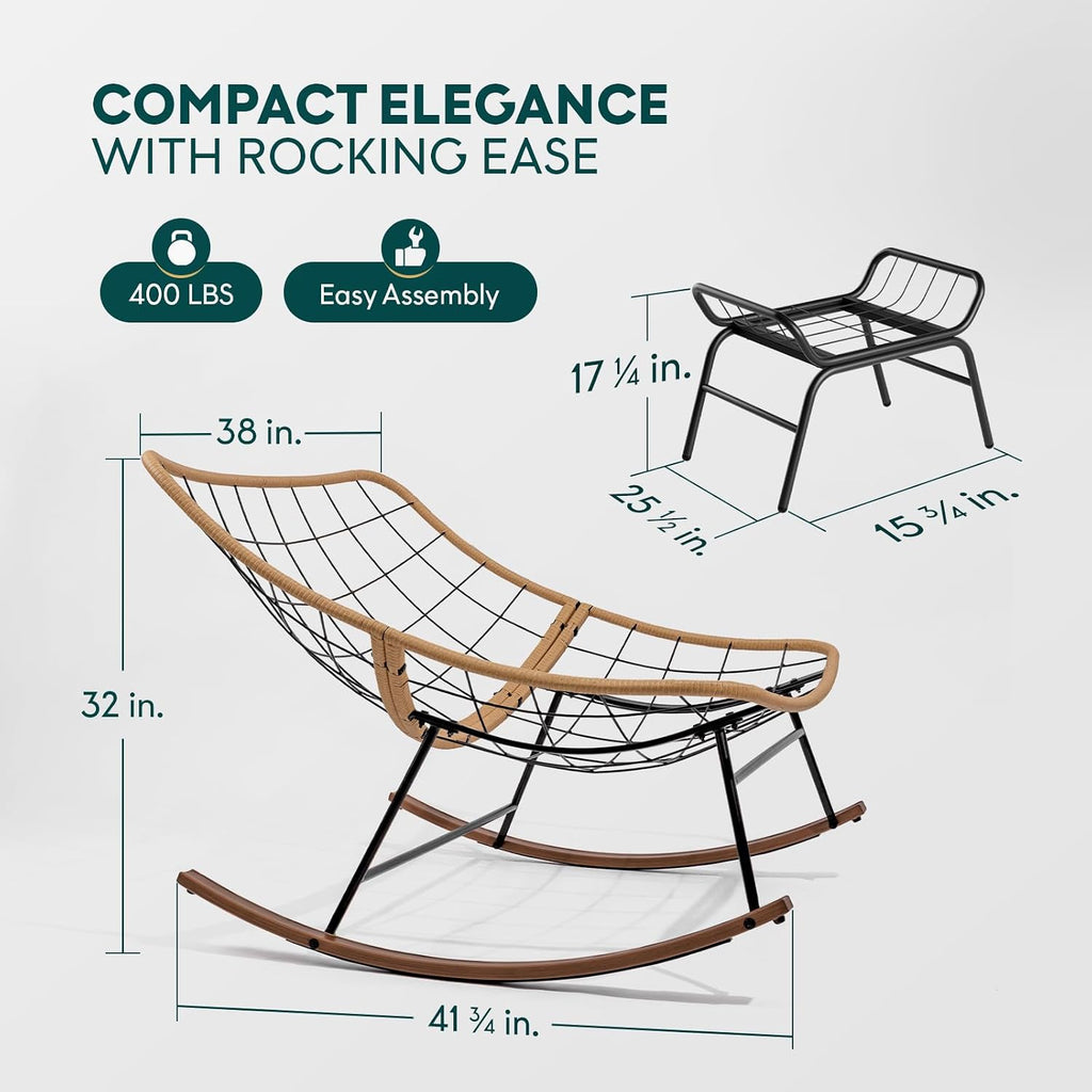 Bme Outdoor and Indoor Patio Rocking Chair with Ottoman, Wood Texture Rocker with Beige Cushion, 7'' Thick, 400lbs Capacity, Sturdy Construction, Ergonomic Design, Quick Assembly, Floor ensureor